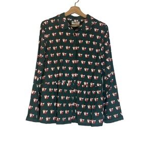 Modcloth Dark Green Blouse with Red and White Floral Design